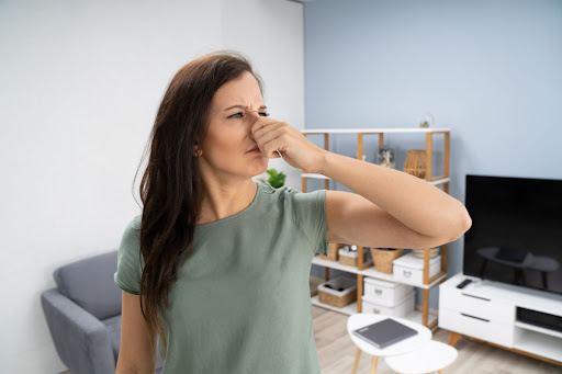 A woman holding her nose due to a strange smell in the house.
